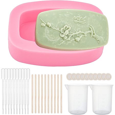 Olycraft DIY Plum Blossom Branch Silicone Fondant Molds Kits, with Birch Wooden Craft Ice Cream Sticks and Plastic Transfer Pipettes, Latex Finger Cots, Plastic Measuring Cup, Hot Pink, 105x75x37mm, 1pc