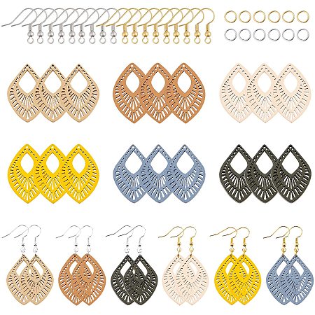 DIY Leaf Earring Making Kits, Include Dyed Laser Cut Wood Pendants, Iron & Brass Earring Hooks, Mixed Color, Pendants: 34.5x23.5x3.5mm, Hole: 1.2mm, 72pcs/set