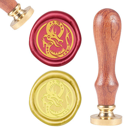 CRASPIRE Brass Wax Seal Stamp, with Natural Rosewood Handle, for DIY Scrapbooking, Dragon Pattern, Stamp: 25mm, Handle: 79.5x21.5mm