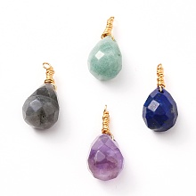 Honeyhandy Wire Wrapped Faceted Natural Green Aventurine & Amethyst & Lapis Lazuli & Labradorite Pendants, with Golden Plated Brass Wire, Teardrop, 22~25mm, Hole: 1.6mm, teardrop: 13.5~14x10mm