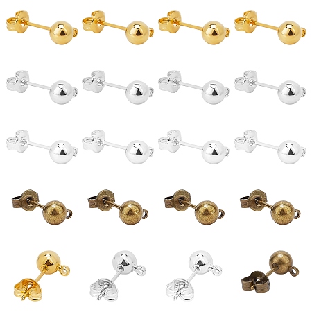 Pandahall Elite 60 Pairs Brass Ball Post Earring Studs with Butterfly Earring Back Round Ball Ear Pin with Loop for Jewelry Dangle Earring Making, 4 Colors, 5mm