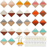 Olycraft DIY Dangle Earring Making Kits, include Resin & Wood Pendants, Brass Earring Hooks & Jump Rings, Rhombus, Mixed Color, Pendants: 16.5~17.5x17~18x3~4mm thick, hole: 1.8mm, 28pcs/box