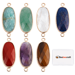 Beebeecraft 7Pcs 7 Styles Natural Mixed Agates Gemstone Connector Charms, Faceted Oval Links with Light Gold Plated Edge Brass Loops, 27x11x5.5mm, Hole: 2mm, 1pc/style