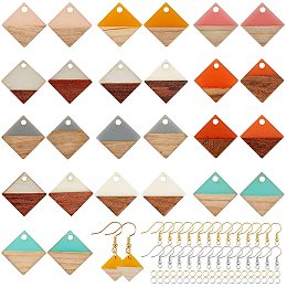 Olycraft DIY Dangle Earring Making Kits, include Resin & Wood Pendants, Brass Earring Hooks & Jump Rings, Rhombus, Mixed Color, Pendants: 16.5~17.5x17~18x3~4mm thick, hole: 1.8mm, 28pcs/box