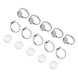 Unicraftale DIY Ring Making Kits, with Adjustable 304 Stainless Steel Finger Rings Components, Transparent Glass Cabochons and Box Container, Flat Round, Stainless Steel Color, 8.2x8.2x2.7cm, 60pcs/box