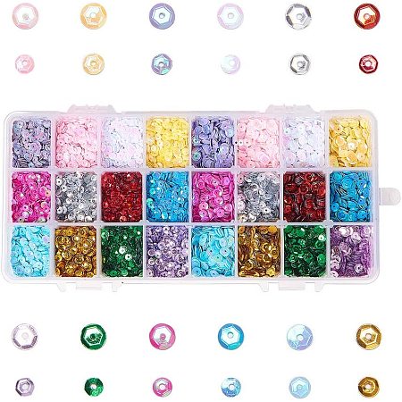 Plastic Paillette Beads, Semi-cupped Sequins Beads, Center Hole, Mixed Color, 4x0.5mm, Hole: 1mm, 60g/box; 5x0.5mm, Hole: 1mm, 60g/box