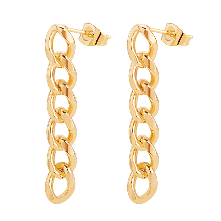 Brass Curb Chains Dangle Earrings, with Stainless Steel Pins and Brass Ear Nuts, Real 18K Gold Plated, 37x6mm, Pin: 0.8mm, 10pcs/box
