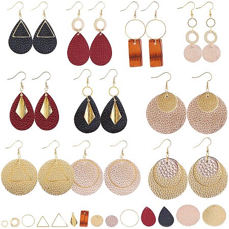 SUNNYCLUE DIY Leather Earring Making Kits, include PU Leather & Cowhide Pendants, Brass Linking Rings & Pendants & Earring Hooks, 304 Stainless Steel Links, Mixed Color, Leather Pendants: 24pcs/box