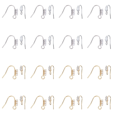ARRICRAFT Brass Earring Hooks, Ear Wire, with Clear Cubic Zirconia and Loop, Long-Lasting Plated, Mixed Color, 16x13x3.5mm, Hole: 2mm, Pin: 0.8mm, 40pcs/box
