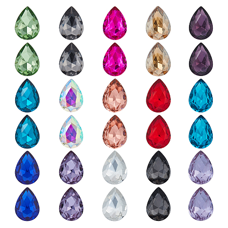 OLYCRAFT Pointed Back Glass Rhinestone Cabochons, Faceted, Teardrop, Mixed Color, 14x10x4.5mm; 6pcs/color, 15color, 90pcs/box
