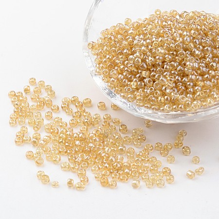 Honeyhandy Round Glass Seed Beads, Trans. Colours Lustered, Goldenrod, Size: about 3mm in diameter, hole: 1mm, about 1097pcs/50g