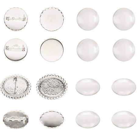 DIY Brooch Making, Brass Brooch Findings and Clear Glass Cabochons, Silver, Containers: 11.8x7.2x3.5cm; 20set/box