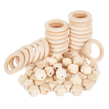 Faceted Nugget Natural Wooden Beads, with Unfinished Wood Linking Rings, 75pcs/set