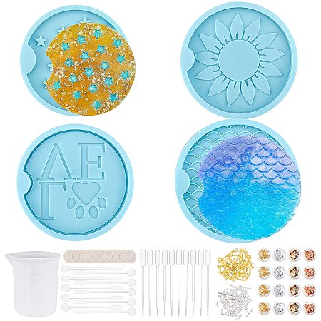 Olycraft DIY Car Coaster Silicone Molds Kits, Zinc Alloy Cabochons, Stirring Rod, 100ml Measuring Cup Silicone Glue Tools, Disposable Latex Finger Cots, Mixed Color, 72x8.5mm, Inner Size: 60x64.5mm, 1pc