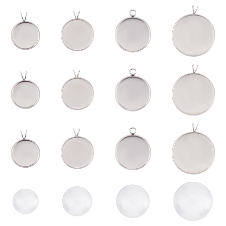 Unicraftale DIY Pendant Making Kits, 304 Stainless Steel Pendant Cabochon Settings, Plain Edge Bezel Cups, with Transparent Glass Cabochons, Flat Round and Half Round, Mixed Color, Tray: 14mm; 20.5x16x2mm, Hole: 2x3mm, 64pcs/box