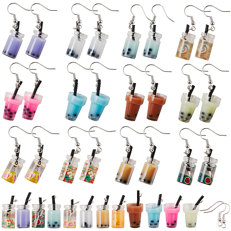 SUNNYCLUE Imitation Bubble Tea DIY Dangle Earrings, Glass/Plastic Bottle Pendants with Resin Inside and Iron Findings, Brass Earring Hooks, Plastic Containers, Mixed Color, 24pcs/box