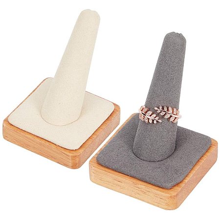 Single Finger Wooden Ring Display Stand, Jewelry Showcase Display Holder, Covered with Fiber, Mixed Color, 51.5x51.5x66mm; 2color, 1pc/color, 2pcs/set