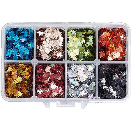 Olycraft PET Laser Nail Art Sequins, DIY Paillette Tips Nail, Making Jewelry Filling for DIY Jewelry, Maple Leaf, Mixed Color, 5x6x0.1mm, 8 colors, 4g/color, 32g/box