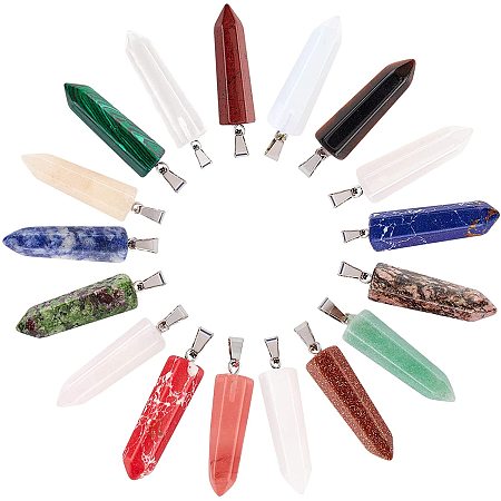 Natural & Synthetic Gemstone Point Pendants, with Platinum Tone Brass Findings, Bullet, 35~37x10~11x9~10mm, Hole: 6~7x2.5~4mm, 15pcs/box
