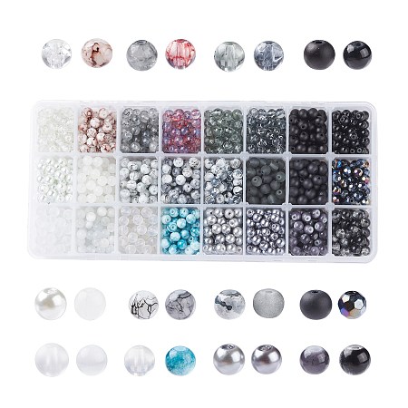 Glass Round Beads, Pearlized Style, Baking Paint Style, Rubberized Style, Drawbench Style, Spray Painted Style, Crackle Style, Frosted Style, with Cat Eye Beads, Imitation Opalite Beads, Mixed Color, 218x110x30mm; about 1440pcs/box