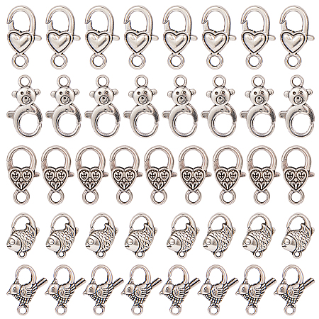 SUNNYCLUE Tibetan Style Alloy Lobster Claw Clasps, Mixed Shapes, Antique Silver, 74x72x17mm; 40pcs/box