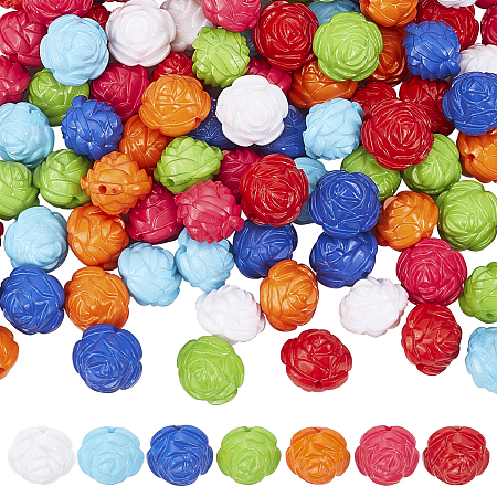 Globleland Opaque Acrylic Beads, Flower, Mixed Color, 16x16mm, Hole: 1.8mm; 7colors, 15pcs/color, 105pcs/set