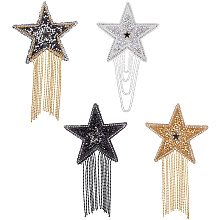 FINGERINSPIRE Sparkling Rhinestone Iron on Patches, Appliques, with Iron Ball Chain Tassels, Costume Accessories, for Clothes, Bag, Pants, Shoes, Cellphone Case, Star, Mixed Color, 148x87x2mm; 4colors, 1pc/color, 4pcs/box