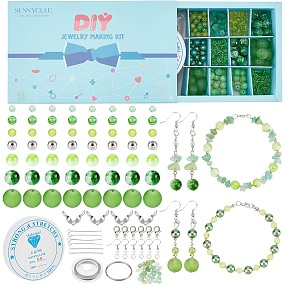 SUNNYCLUE 1 Box 865Pcs Green Glass Beads Jewellery Beading Kit Including Assorted Gemstone Round Beads Jewelry Findings Alloy Lobster Claw Clasps Elastic Thread for DIY Earring Bracelet Making