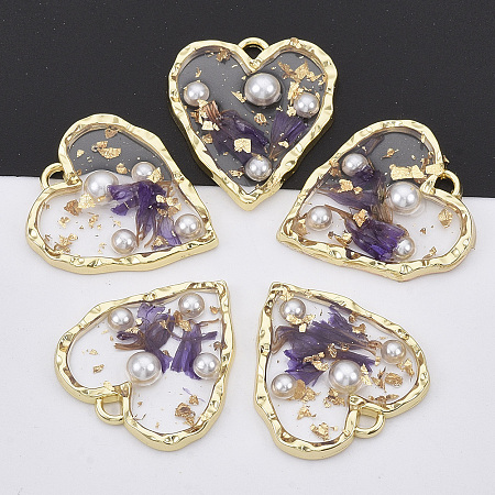 Honeyhandy Light Gold Plated Alloy Pendants, with Epoxy Resin, ABS Plastic Imitation Pearl Cabochons, Gold Foil and Dried Flower, Heart, Purple, 23x20.5x4mm, Hole: 1.6mm