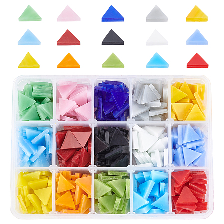SUPERFINDINGS Opaque Glass Cabochons, Mosaic Tiles, for Home Decoration or DIY Crafts, Triangle, Mixed Color, 12x14x3~4mm; 15 colors, about 35pcs/color, 525pcs/box