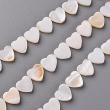 Honeyhandy Natural Freshwater Shell Beads Strands, Heart, Creamy White, 10.5x10.5x3mm, Hole: 1mm, about 33pcs/strand, 13.78 inch(35cm)