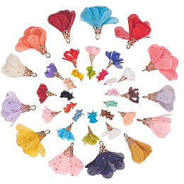 Iron Pendants, with Chiffon, Flower, Golden, Mixed Color, 50x22mm, Hole: 2mm, 60pcs/set