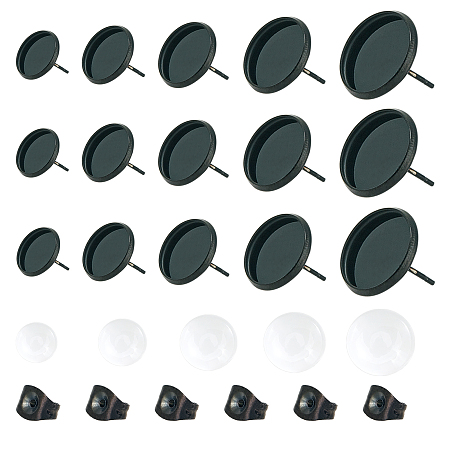 Unicraftale DIY Stud Earring Making Kits, with Vacuum Plating Stainless Steel Stud Earring Settings and Transparent Glass Cabochons, Flat Round, Electrophoresis Black, Earring Settings: Tray: 6~14mm; 6~14mm; Pin: 0.7mm, 30pcs/box