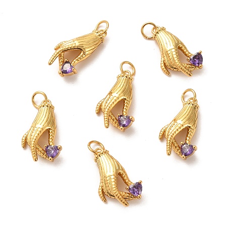 Arricraft Brass Micro Pave Lilac Cubic Zirconia Pendants, Long-Lasting Plated, Hand, Real 18K Gold Plated, 20.5x11x5mm, Hole: 4mm