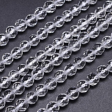 Arricraft Faceted(64 Facets) Natural Quartz Crystal Round Bead Strands, 6mm, Hole: 1mm, about 64pcs/strand, 15.5 inches