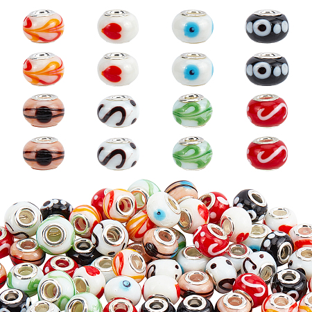 8 Colors Handmade Lampwork European Beads, Large Hole Beads, with Platinum Color Brass Double Cores, Rondelle, Mixed Color, 14x11mm, Hole: 5mm, 8 colors, 8pcs/color, 64pcs/box