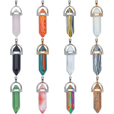 PANDAHALL ELITE Natural & Synthetic Gemstone Pointed Pendants with Alloy Findings, Faceted Bullets, 40~42x8x8mm, Hole: 2mm; 12 colors, 1pc/color, 12pcs/set