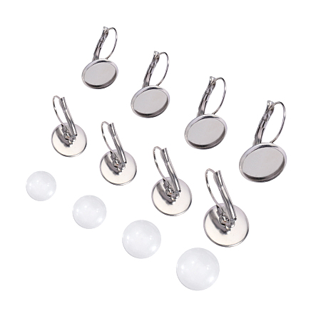 Unicraftale DIY Ring Making, with 304 Stainless Steel Leverback Earring Findings and Transparent Glass Cabochons, Flat Round, Stainless Steel Color, 8.2x8.2x2.7cm, 80pcs/box