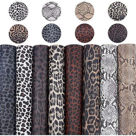 PU Leather Self-adhesive Fabric Sheet, Rectangle, Leopard Print & Snakeskin Pattern, for Making Hair Bows and Earrings, Mixed Color, 30x20x0.1cm; 8 colors, 1sheet/color, 8sheets/set