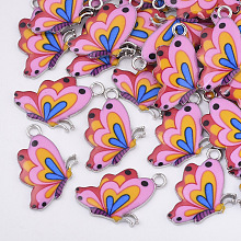 Honeyhandy Printed Alloy Pendants, with Enamel, Butterfly, Platinum, Pink, 24.5x16x2mm, Hole: 2mm