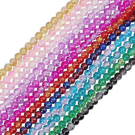 Spray Painted Crackle Glass Beads Strands, Round, Mixed Color, 8mm; Hole: 1.3~1.6mm; about 100pcs/strand, 31.4 inches; 12strands/set