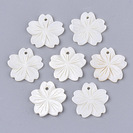 Honeyhandy Freshwater Shell Pendants, Sakura Flower, Creamy White, 20.5x20.5~22x1.5~2.5mm, Hole: 1.5mm