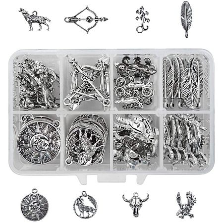 Tibetan Style Alloy Pendants, Flat Round with Wolf & Flat Round with  Sun & Bow and Arrow & Wolf & Eagle & Wall Gecko & Feather & Bull, Antique Silver, 64pcs/box