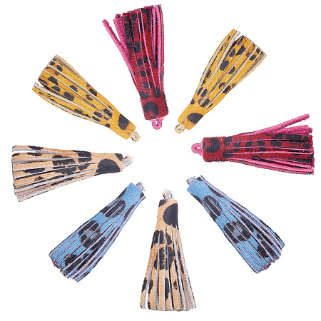 SUNNYCLUE Environmental Cowhide Leather Tassel Big Pendants, Leopard Print Pattern, Mixed Color, 59x9mm, Hole: 1.5mm; 2pcs/color, 8pcs/set