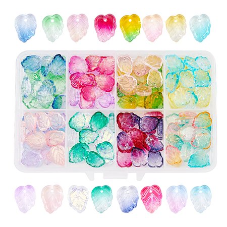 Two Tone Transparent Spray Painted Glass Charms, Leaf, Mixed Color, 13.5x10.5x3.5mm, Hole: 1.2mm; 160pcs/box