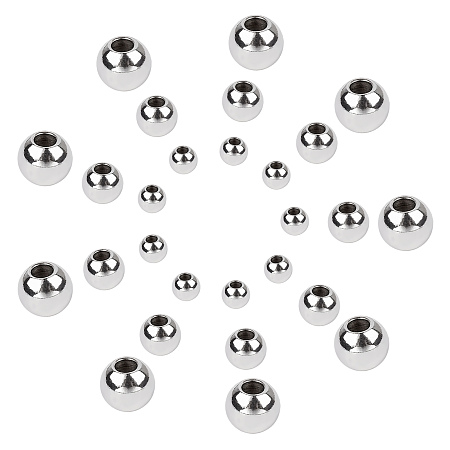 Unicraftale 304 Stainless Steel Smooth Round Beads, Ion Plating(IP), Stainless Steel Color, 6x4.8mm, 4x3mm, 3x2mm, Hole: 1.2~2mm, 150pcs/box