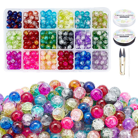 DIY Baking Painted Crackle Glass Beads Stretch Bracelet Making Kits, include Sharp Steel Scissors, Elastic Crystal Thread, Stainless Steel Beading Needles, Mixed Color, Beads: 8mm; Hole: 1.3~1.6mm, 630pcs/set