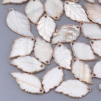 Honeyhandy Electroplate Freshwater Shell Pendants, Leaf, Seashell Color, 34~45x19~24x3mm, Hole: 1.8mm