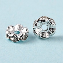 Honeyhandy Brass Rhinestone Spacer Beads, Grade A, Waves Edge, Rondelle, Silver Color Plated, Clear, Size: about 8mm in diameter, 3.5mm thick, hole: 1.5mm