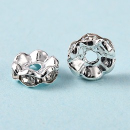 Honeyhandy Brass Rhinestone Spacer Beads, Grade A, Waves Edge, Rondelle, Silver Color Plated, Clear, Size: about 8mm in diameter, 3.5mm thick, hole: 1.5mm